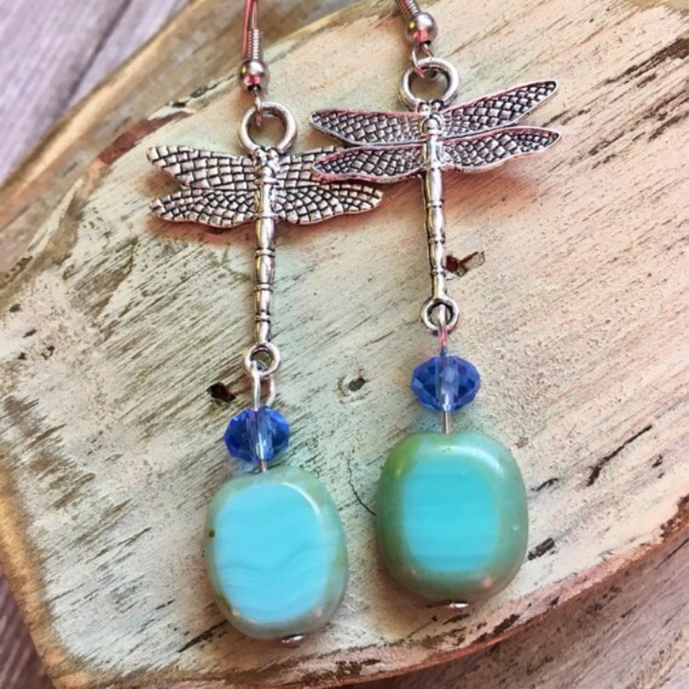 Green Boho Dragonfly Earrings